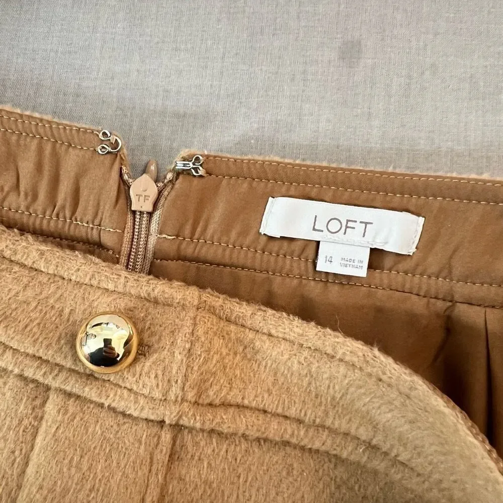 Loft camel gold button detail mini skirt size 14